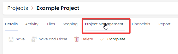 A screenshot showing the location of the project management tab for the user to click on